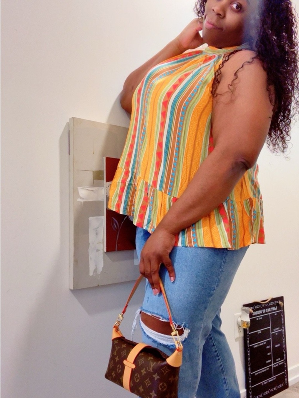 Plus-Size Yellow Stripe Halter Peplum Top